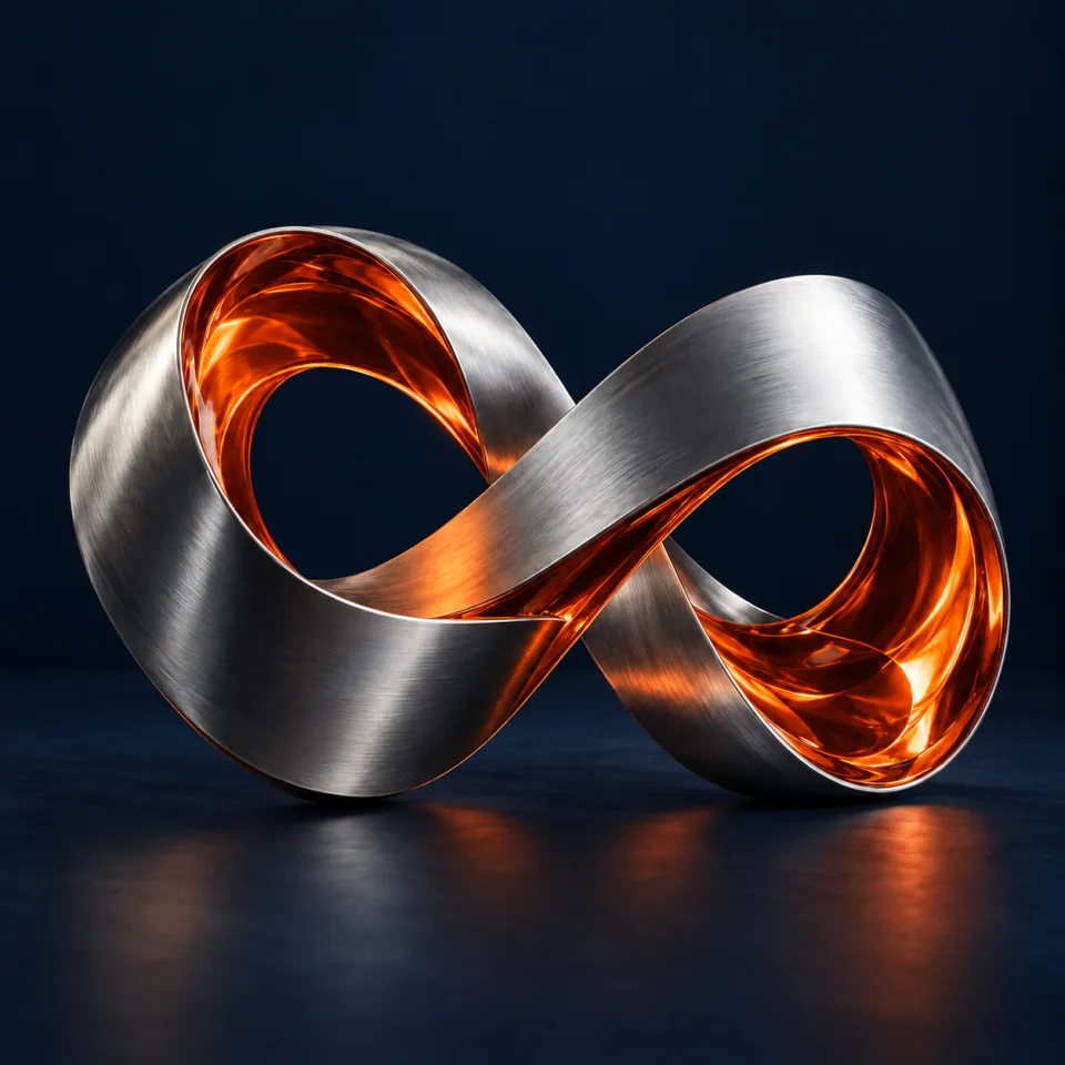 Interconnected metallic forms with a luminous orange center, expressing capital, technology, and partnership.